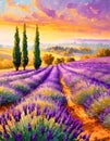 Sunset golden hour illustration fields of lavender and cypress trees summer landscape. Royalty Free Stock Photo