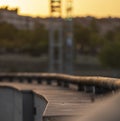 Sunset golden light over oxidated stainless steel structure in the evening. Steel framework aged and textured