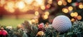 At sunset, a golf course adorned with a decorated tree creates a festive Christmas scene. Royalty Free Stock Photo