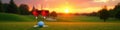 Sunset golf course, two wine glasses, golf balls , hobby, wine, beautiful Royalty Free Stock Photo
