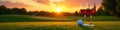 Sunset golf course, two wine glasses, golf balls , summer, luxury Royalty Free Stock Photo