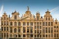 Sunset in Grand Place Market of Brussels in Belgium with blue sky and warm light Royalty Free Stock Photo