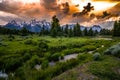 Sunset on the Grand Teton Range from Schwabacher Landing Royalty Free Stock Photo