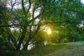 Sunset grass on river sunset landscape. The clouds with sun light above the river, twilight sky Royalty Free Stock Photo