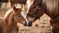 Sunset grazing two cute horses in meadow generated by AI Royalty Free Stock Photo