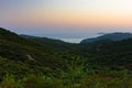 Sunset at greek coast in Sithonia, aerial photo from the top of a hill Royalty Free Stock Photo