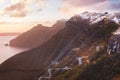 Sunset on the Greek Island of Santorini,with colorful  warm light and clouds over the town Royalty Free Stock Photo