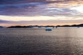 Sunset Greenland, beautiful sunset over Arctic Seascape with Icebergs