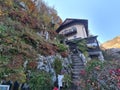 Sunset in Hallstatt mountain village with Hallstatter See in fall, Austria. Royalty Free Stock Photo