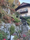 Sunset in Hallstatt mountain village with Hallstatter See in fall, Austria. Royalty Free Stock Photo