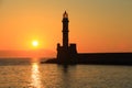 Sunset at harbor with lighthouse Chania Crete Royalty Free Stock Photo