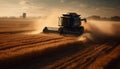 Sunset harvest farmer cuts wheat with combine generated by AI
