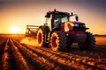 Sunset Harvest Modern Tractor and Agricultural Machinery Working in the Field. created with Generative AI Royalty Free Stock Photo