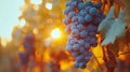 Sunset Harvest: Ripe Blue Grapes in Vineyard for Winemaking and Agriculture