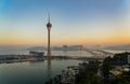 Sunset high angle view of the Macau Tower Convention and Entertainment Center and cityscape