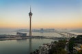 Sunset high angle view of the Macau Tower Convention and Entertainment Center and cityscape