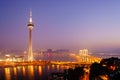 Sunset high angle view of the Macau Tower Convention and Entertainment Center and cityscape