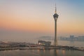 Sunset high angle view of the Macau Tower Convention and Entertainment Center and cityscape