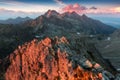 Sunset in High Tatras mountains national park in Slovakia. Scenic image of mountains. The sunrise over Carpathian mountains.