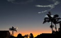 Sunset highlighting a space launch contrail against the silhouettes of a neighborhood