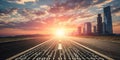 Sunset Highway to Digital City Binary Code Road, Skyscrapers, Digital Transformation Digital City, Binary Code Royalty Free Stock Photo