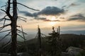 Sunset on hill Tristolicnik, forest devasted by bark beetle infestation. Sumava National Park and Bavarian Forest, Czech republic Royalty Free Stock Photo