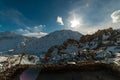 Sunset in Himalayan Village - Sun star burst in mountains Royalty Free Stock Photo