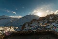 Sunset in Himalayan Village - Sun star burst in mountains Royalty Free Stock Photo