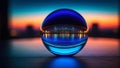 Sunset horizon, nature's beauty reflected in crystal ball. Orange hues