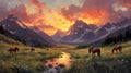 Sunset Horses Grazing Mountain Valley Meadow Royalty Free Stock Photo