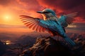 Sunset hues backdrop a bird in art, merging the avian world with twilight