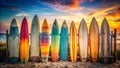 Sunset Hues on the Surfboard Wall AI Generated Royalty Free Stock Photo