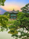 Sunset at the Hyangwonjeong Pavilion in the center of the pond in the Gyeongbokgung palace