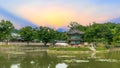 Sunset at the Hyangwonjeong Pavilion in the center of the pond in the Gyeongbokgung palace