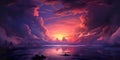 sunset with idyllic purple and pink dramatic clouds over ocean or sea water, gorgeous sunrise over oceania Royalty Free Stock Photo