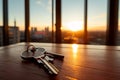 Sunset illuminates keys on a table in a new apartment