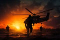 Sunset illuminates a military mission in action, symbolizing dedication