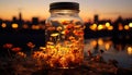 Sunset illuminates nature beauty in a tranquil, vibrant, defocused twilight scene generated by AI