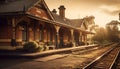 Sunset illuminates old fashioned railroad station platform generated by AI