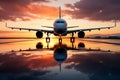 Sunset illuminates a plane on the runway, seen from the front