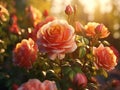 Sunset illuminates a romantic scene of pink roses in a serene summer garden Royalty Free Stock Photo