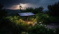 Sunset illuminates solar power station, wind turbines generate sustainable electricity generated by AI Royalty Free Stock Photo