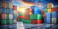 Sunset illuminates a stack of colorful cargo containers in a secure shipping yard. Generative AI Royalty Free Stock Photo