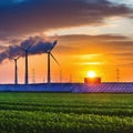 Sunset illuminates sustainable power station renewable energy generated by