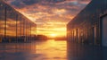Sunset illuminating industrial building exteriors with reflective surfaces Royalty Free Stock Photo
