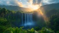 Sunset illuminating tropical waterfall valley Royalty Free Stock Photo