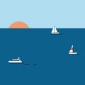 Sunset illustration with boats on the sea