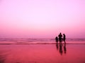 After sunset image of a beach with gentle pink purple sky color along with silhouette of a happy family with friends playing Royalty Free Stock Photo