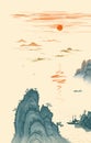 Sunset Ink Chinese style illustration Royalty Free Stock Photo