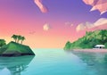 Sunset Island Splendor: An Illustration of a Vibrant Island Oasis with a Sunset Sky and Blue Ocean